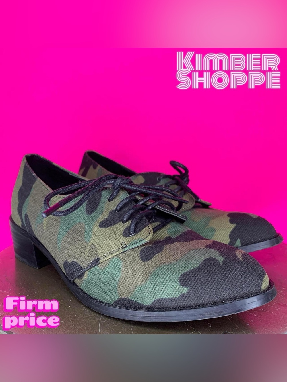 Shellys London Green Brown Black Camouflage Canvas Lace-up Heeled Oxford US 6